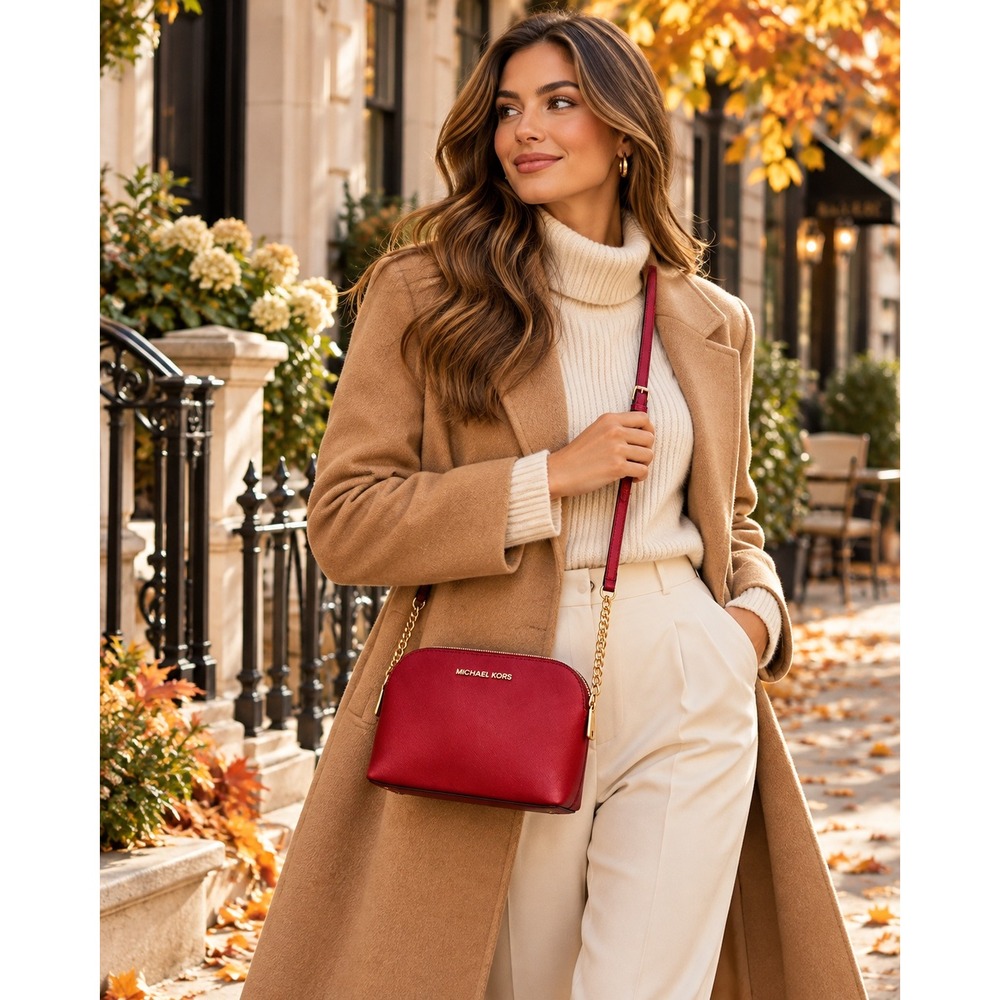 Michael Kors Jet Set Red Saffiano Leather Dome Crossbody Bag Gold Chain